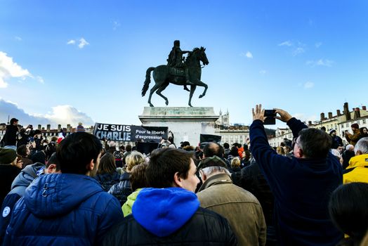 LYON, FRANCE - 11 JANUARY 2015: Anti terrorism protest after 3 days terrorist attacks with peaople dead in Paris France, European Capital