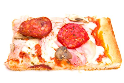 Pizza with salami on white background