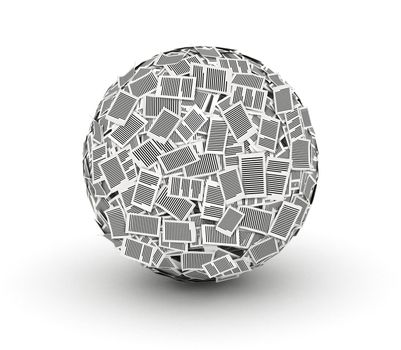 Huge ball from paper pages on white background paperwork concept