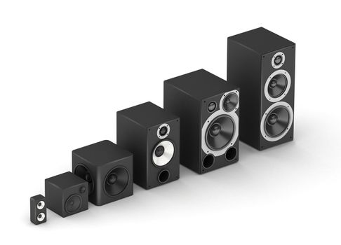 Chart from different sizes speakers hi-fi audio system in isometric projection