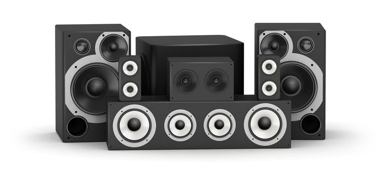 Set of black speakers hi-fi audio system on white background