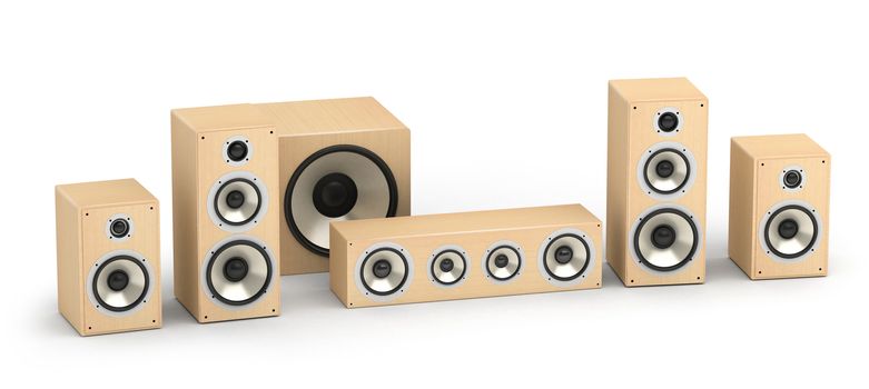 Set of wooden speakers for home theater 5.1 hi-fi audio system on white background
