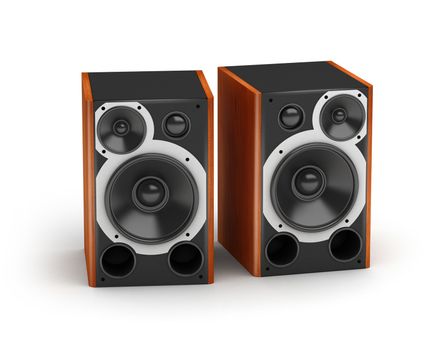 Set of brown wooden  concert style speakers stereo audio system on white background