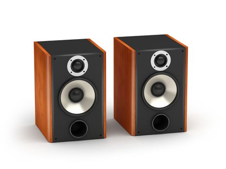 Wooden audio system with black speakers hi-fi  on white background