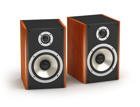 Set of red wooden  speakers stereo hi-fi audio system on white background