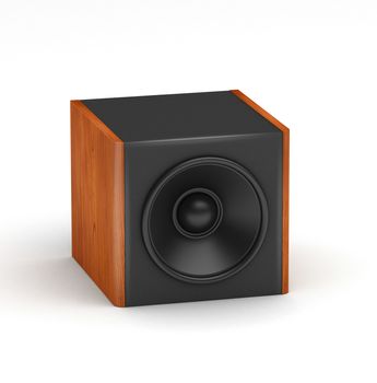 One red wooden soobwofer like speaker for  hi-fi audio system on white background