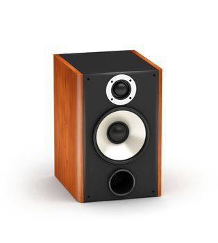 One brown wood speakers  hi-fi audio system on white background