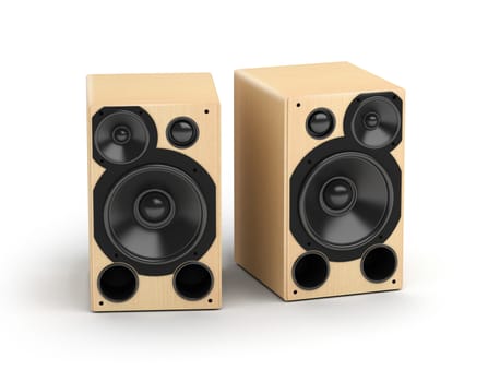 Set of wooden concert style speakers stereo audio system on white background