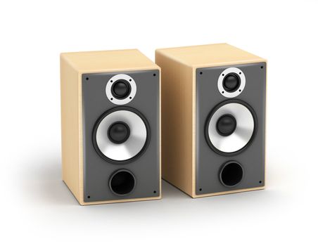 Set of light wooden speakers stereo hi-fi audio system on white background