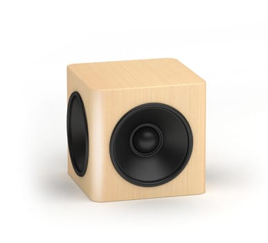 One wooden subwofer like speaker for  hi-fi audio system on white background