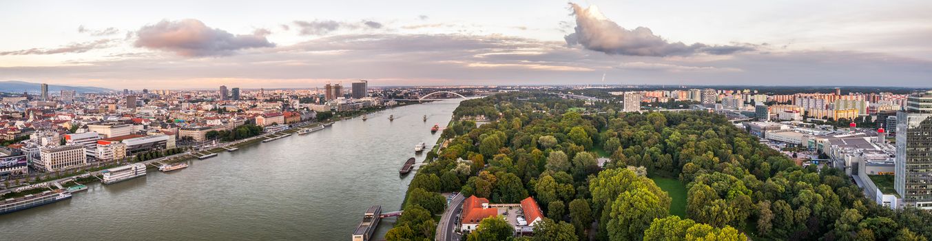 Danube River in City of Bratislava. Petrzalka Suburb on the Right Bank of the River at Sunset