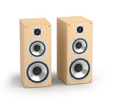 Wooden light-colored acoustic system with black speakers stereo hi-fi audio on white background