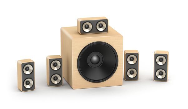 Set of wooden speakers multimedia low cost 5.1 audio system on white background