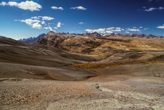 Arid landscape high in the Andes mountains in Bolivia, Choro trek