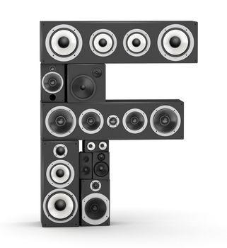 Letter F from black hi-fi speakers sound systems