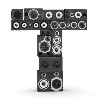 Letter T from black hi-fi speakers sound systems