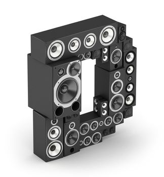 Letter D from black hi-fi speakers sound systems  in isometry