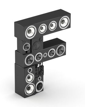 Letter F from black hi-fi speakers sound systems  in isometry