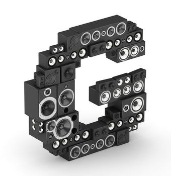 Letter G from black hi-fi speakers sound systems  in isometry