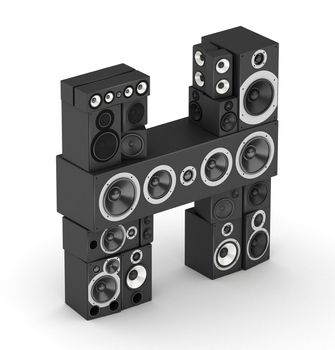 Letter H from black hi-fi speakers sound systems  in isometry