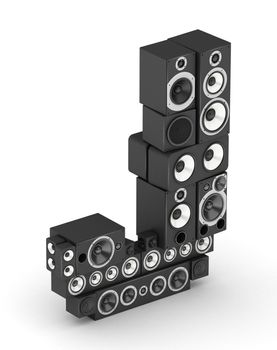 Letter J from black hi-fi speakers sound systems  in isometry