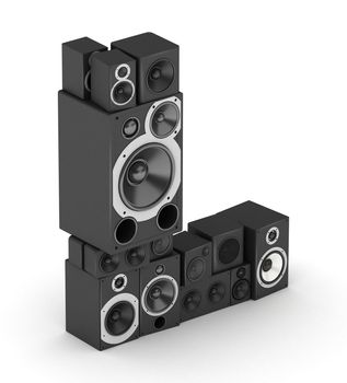 Letter L from black hi-fi speakers sound systems  in isometry