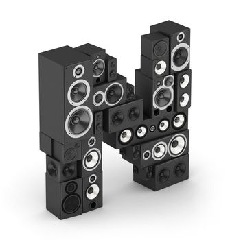 Letter N from black hi-fi speakers sound systems  in isometry