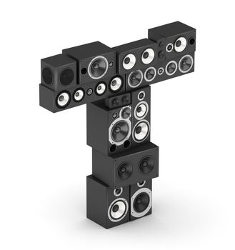 Letter T from black hi-fi speakers sound systems  in isometry