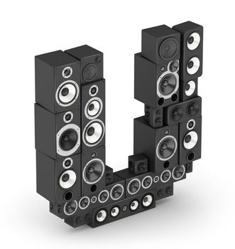 Letter U from black hi-fi speakers sound systems  in isometry