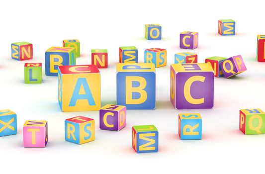 A,B,C letters on big alphabet cubes on white