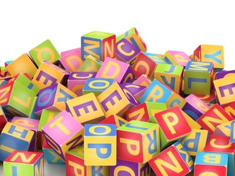 Many abc education cube scattered on pile in white background