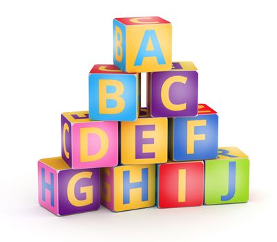 A,B,C letters on pyramid stack alphabet cubes on white