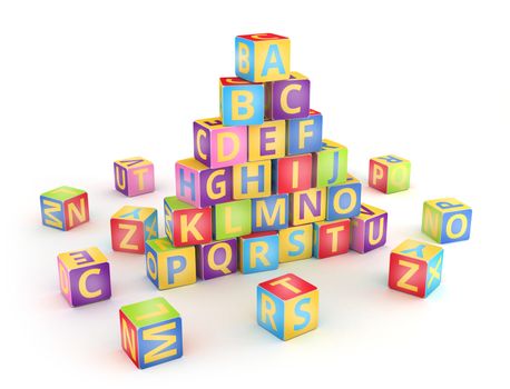 A,B,C letters on large pyramid stack alphabet cubes on white