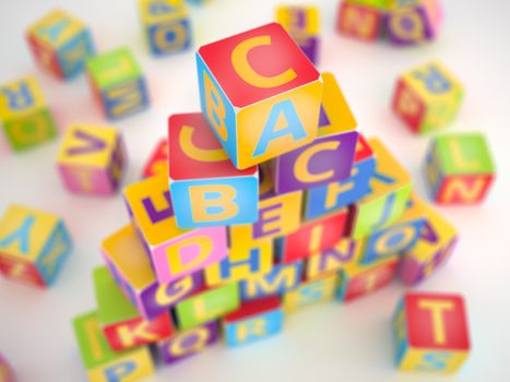 A,B,C letters on pyramid stack alphabet cubes on white