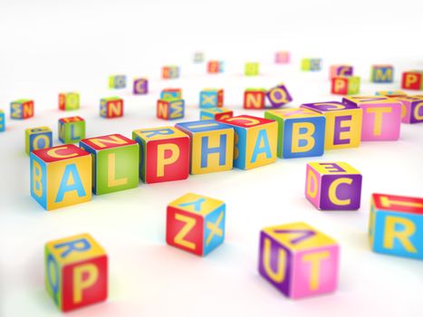 Word alphabet spelled by abc cubes  on white background