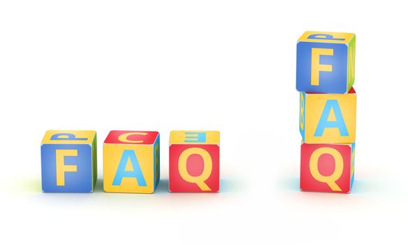 Word FAQ spelled by abc cubes  on white background