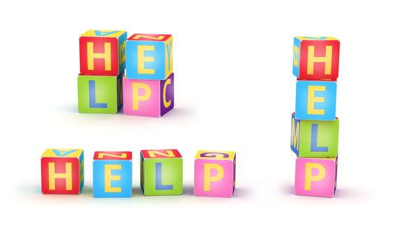 Word HELP spelled by abc cubes  on white background