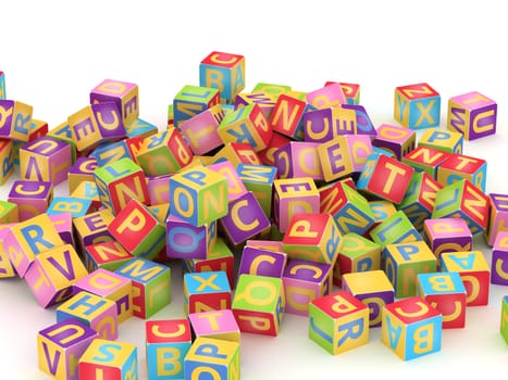 Many abc education cube scattered on pile in white background