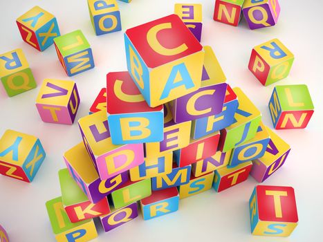 A,B,C letters on pyramid stack alphabet cubes on white