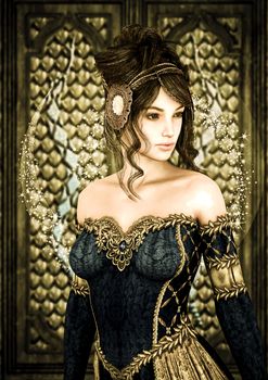 3D digital render of a beautiful princess on a fairytale castle background, painting effect