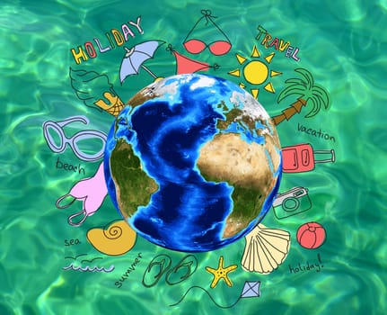 Summer holiday vacation concept, assorted items and words around Globe, on green sea water background. Element of this image furnished by NASA