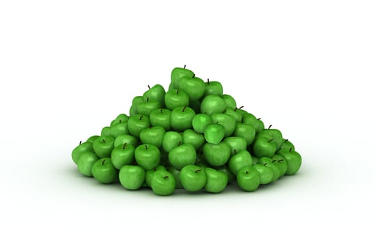 Pile of scattered green fresh apples on white background