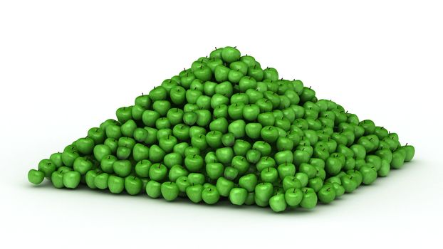 Pile of scattered green fresh apples on white background