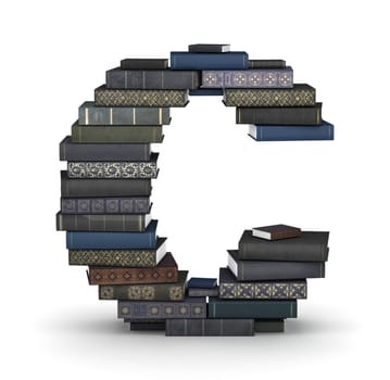 Letter C, stacked from many  books in pile