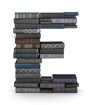 Letter E, stacked from many  books in pile