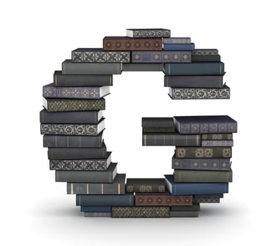 Letter G, stacked from many  books in pile