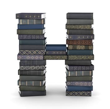 Letter H, stacked from many  books in pile