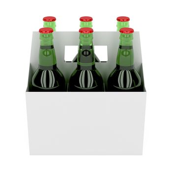 Six pack of beer bottles on white background