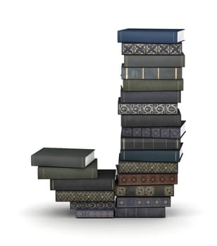 Letter J, stacked from many  books in pile