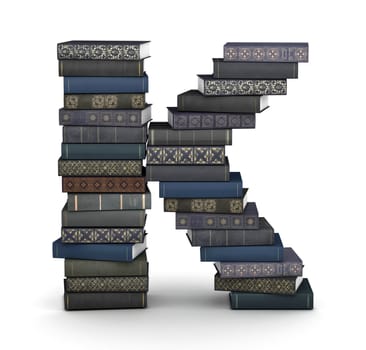 Letter K, stacked from many  books in pile